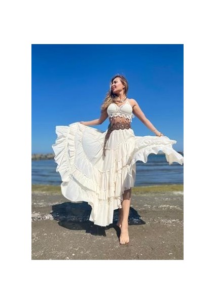 Özel Tasarım Ham Keten Otantik Astarlı Carmen Etek