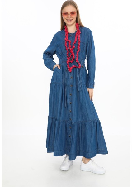 Uzun Kol Cepli Önden Düğmeli Kemerli Kot Elbise & Tesettür GIYIM-2442