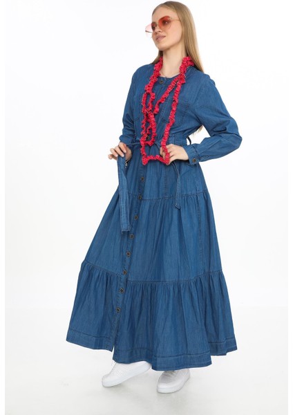 Uzun Kol Cepli Önden Düğmeli Kemerli Kot Elbise & Tesettür GIYIM-2442 fiyatları