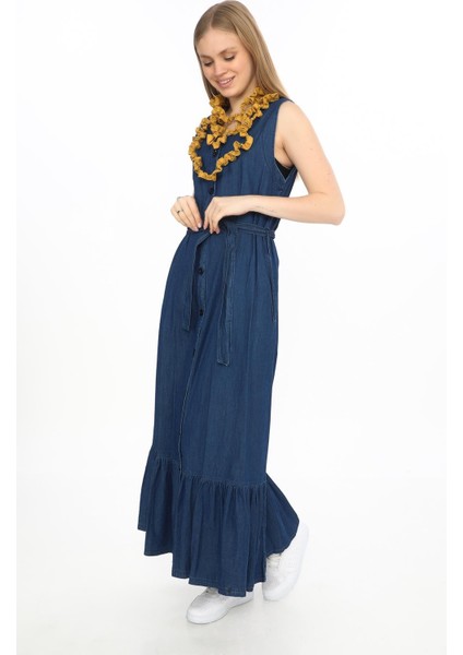 Sıfır Kol Cepli Önden Düğmeli Kemerli Jile Kot Elbise -2432