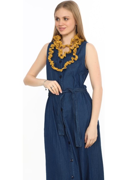 Sıfır Kol Cepli Önden Düğmeli Kemerli Jile Kot Elbise -2432 fiyatları