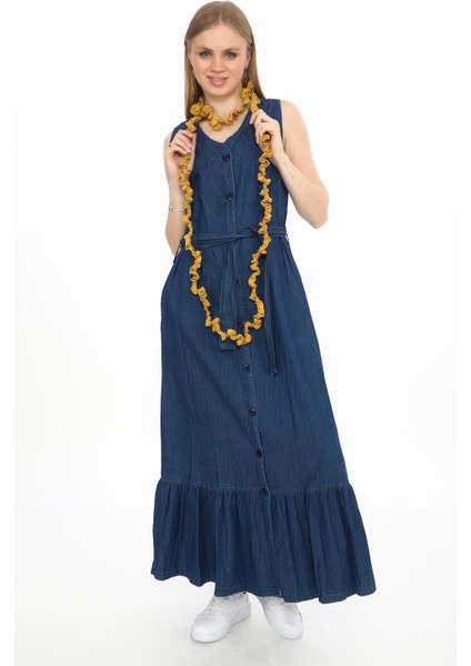 Sıfır Kol Cepli Önden Düğmeli Kemerli Jile Kot Elbise -2432 modelleri