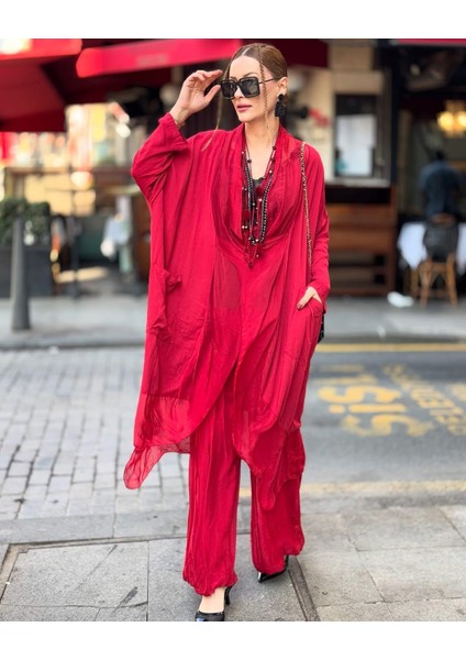 Italyan Ipek Detaylı Oversize Kap Bluz- Wes Pantolon Takım indirimleri