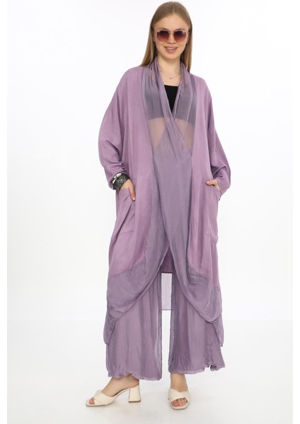 Italyan Ipek Detaylı Oversize Kap Bluz- Wes Pantolon Takım
