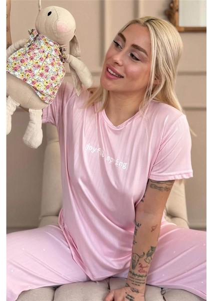 Pembe Spring Desenli Kısa Kollu Marlenka Kadın Pijama Takımı