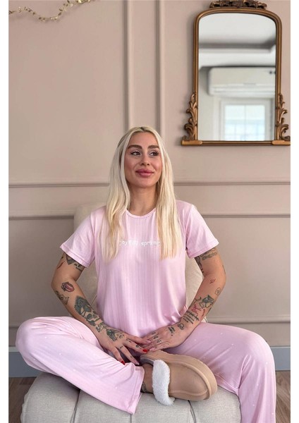 Pembe Spring Desenli Kısa Kollu Marlenka Kadın Pijama Takımı fırsatları