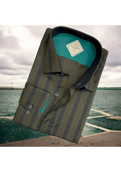 Pamuklu Haki Uzun Kollu Çizgi Bloklu Erkek Gömlek (Slim Fit Kalıp)