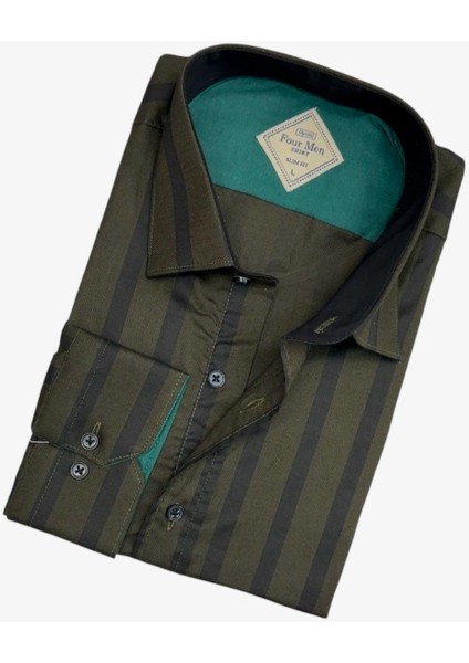 Pamuklu Haki Uzun Kollu Çizgi Bloklu Erkek Gömlek (Slim Fit Kalıp) fiyatları