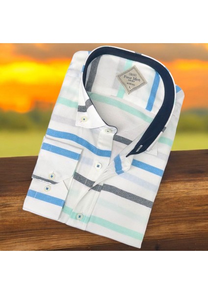 Pamuklu Uzun Kollu Mavi Çizgi Bloklu Erkek Gömlek (Slim Fit Kalıp)