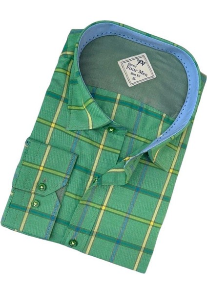 Pamuklu Uzun Kollu Yeşil Çizgi Bloklu Erkek Gömlek (Slim Fit Kalıp) fiyatları