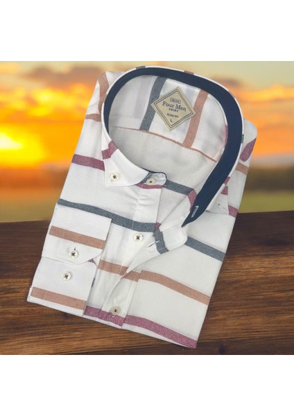 Pamuklu Uzun Kollu Çizgi Bloklu Erkek Gömlek (Slim Fit Kalıp)