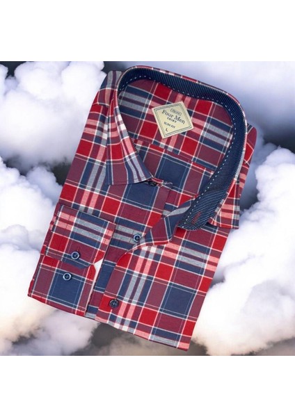 Pamuklu Uzun Kollu Kırmızı Çizgi Bloklu Erkek Gömlek (Slim Fit Kalıp)
