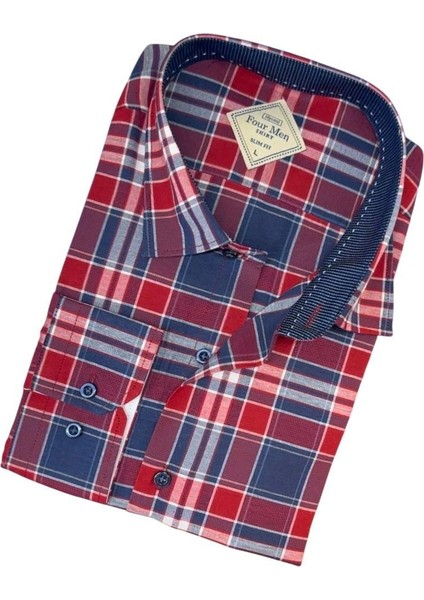 Pamuklu Uzun Kollu Kırmızı Çizgi Bloklu Erkek Gömlek (Slim Fit Kalıp) fiyatları