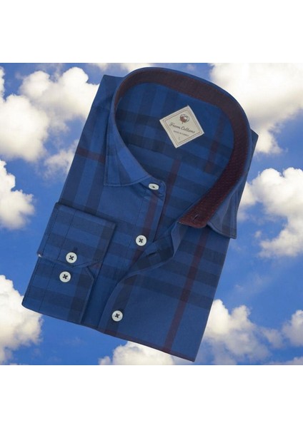 Pamuklu Uzun Kollu Mavi Çizgi Bloklu Erkek Gömlek (Slim Fit Kalıp)
