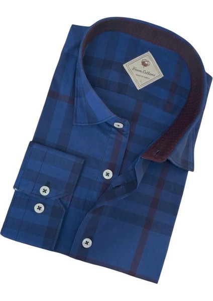 Pamuklu Uzun Kollu Mavi Çizgi Bloklu Erkek Gömlek (Slim Fit Kalıp) fiyatları