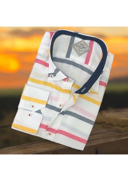 Pamuklu Uzun Kollu Sarı Çizgi Bloklu Erkek Gömlek (Slim Fit Kalıp)
