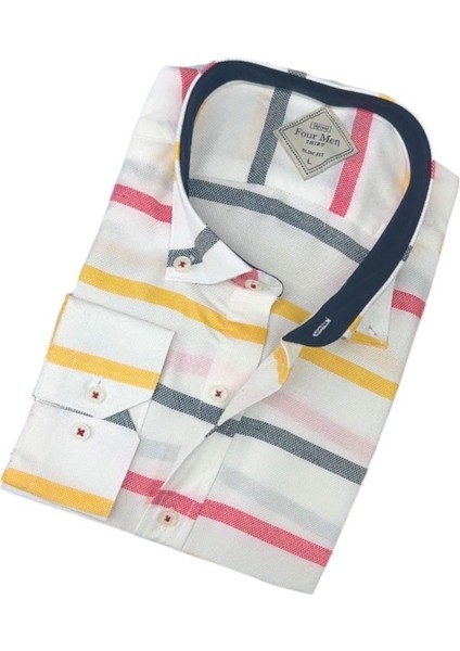 Pamuklu Uzun Kollu Sarı Çizgi Bloklu Erkek Gömlek (Slim Fit Kalıp) fiyatları