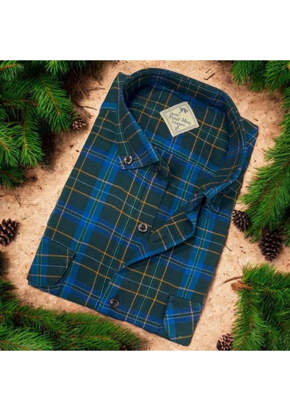 Pamuklu Lacivert Uzun Kollu Kare Bloklu Erkek Gömlek (Slim Fit Kalıp)