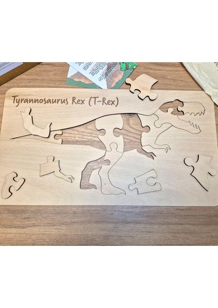 Doğal Ahşap Yapboz, Dinozor Puzzle, 12 Parça, Çizim Şablonu, Sticker Etiket Hediyeli, T-Rex