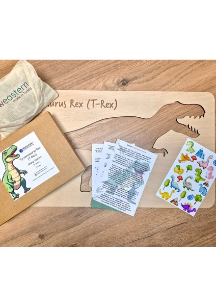 Doğal Ahşap Yapboz, Dinozor Puzzle, 12 Parça, Çizim Şablonu, Sticker Etiket Hediyeli, T-Rex fiyatları