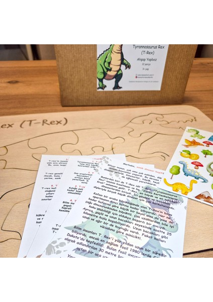 Doğal Ahşap Yapboz, Dinozor Puzzle, 12 Parça, Çizim Şablonu, Sticker Etiket Hediyeli, T-Rex fırsatları