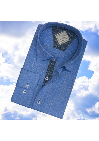 Pamuklu Uzun Kollu Mavi Erkek Gömlek (Slim Fit Kalıp)