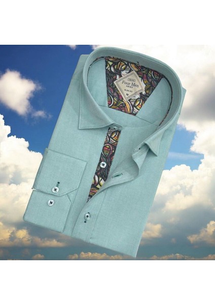Pamuklu Uzun Kollu Mint Erkek Gömlek (Slim Fit Kalıp)