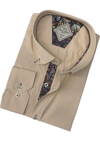 Pamuklu Uzun Kollu Capuccino Erkek Gömlek (Slim Fit Kalıp)