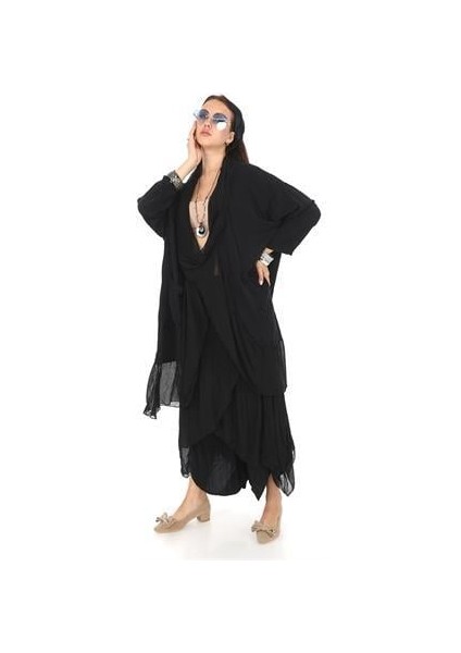 Italyan Büyük Beden Ipek Detaylı Oversize Kaftan & Bluz