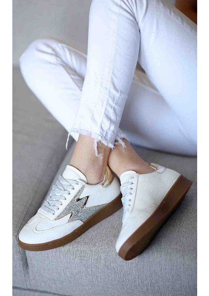 Laura Beyaz Cilt Sim Taş Detaylı Kadın Sneaker Ayakkabı