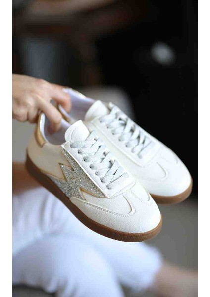 Laura Beyaz Cilt Sim Taş Detaylı Kadın Sneaker Ayakkabı modelleri