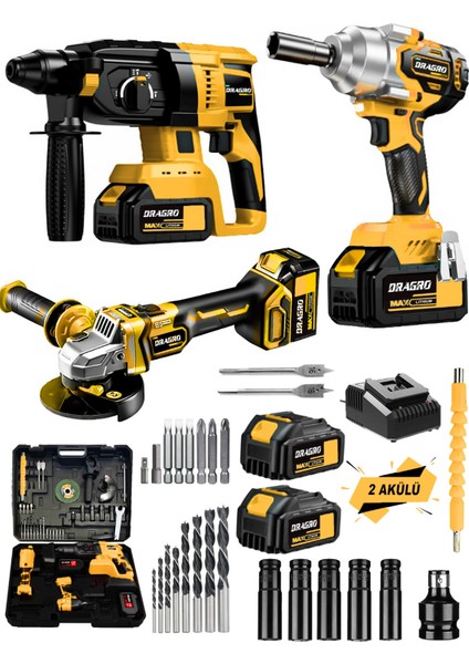 Alman 3x2 Pro 128 V 3'lü Set Kırıcı Delici Somun Sıkma Taşlama Makinesi 2 Akülü Kömürsüz Full Set