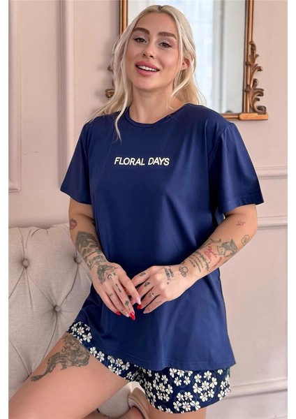 Lacivert Floral Days Desenli Kısa Kollu Şortlu Örme Kadın Pijama Takımı