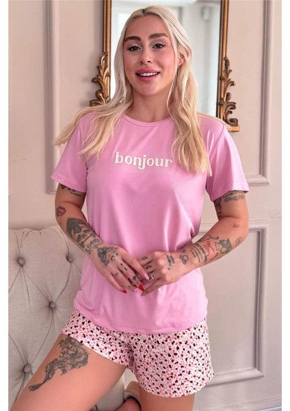 Pembe Bonjour Desenli Kısa Kollu Şortlu Örme Kadın Pijama Takımı