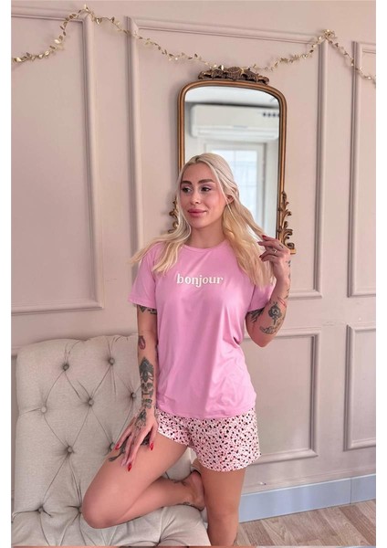 Pembe Bonjour Desenli Kısa Kollu Şortlu Örme Kadın Pijama Takımı fiyatları