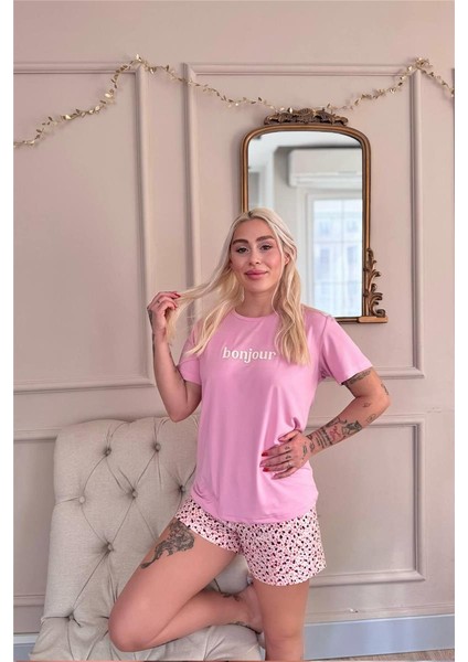 Pembe Bonjour Desenli Kısa Kollu Şortlu Örme Kadın Pijama Takımı modelleri