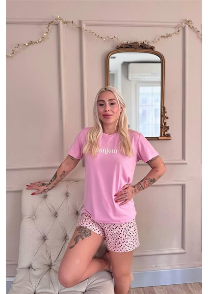 Pembe Bonjour Desenli Kısa Kollu Şortlu Örme Kadın Pijama Takımı fırsatları