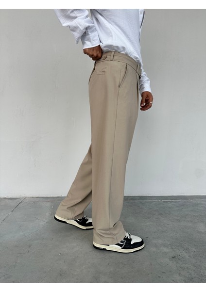 Toka Kemerli Pileli Bej Kumaş Pantolon modelleri