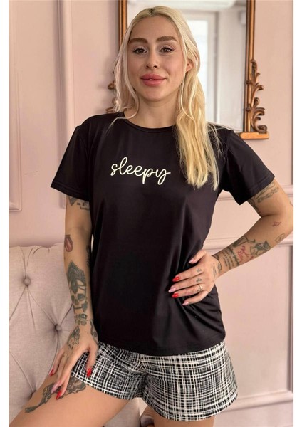 Siyah Sleepy Desenli Kısa Kollu Şortlu Örme Kadın Pijama Takımı