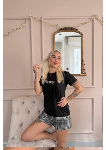 Siyah Sleepy Desenli Kısa Kollu Şortlu Örme Kadın Pijama Takımı fiyatları