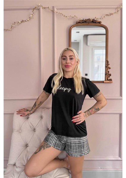 Siyah Sleepy Desenli Kısa Kollu Şortlu Örme Kadın Pijama Takımı fırsatları