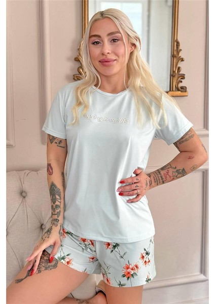 Su Yeşili Spring Is My Life Desenli Kısa Kollu Şortlu Örme Kadın Pijama Takımı