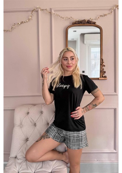 Siyah Sleepy Desenli Kısa Kollu Şortlu Örme Kadın Pijama Takımı