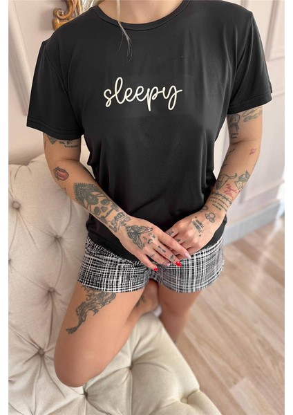 Siyah Sleepy Desenli Kısa Kollu Şortlu Örme Kadın Pijama Takımı