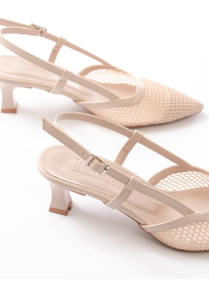 K-607 Bej Günlük Fileli Arkası Açık 7 cm Topuklu Bayan Ayakkabı