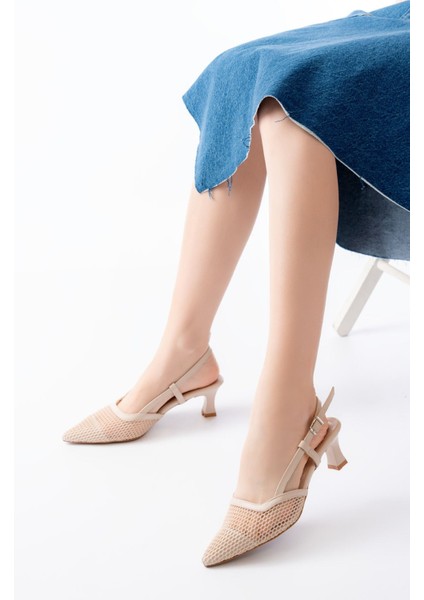 K-607 Bej Günlük Fileli Arkası Açık 7 cm Topuklu Bayan Ayakkabı fiyatları