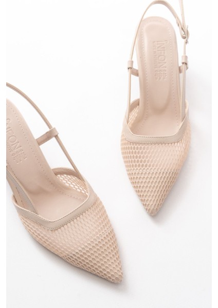 K-607 Bej Günlük Fileli Arkası Açık 7 cm Topuklu Bayan Ayakkabı indirimleri