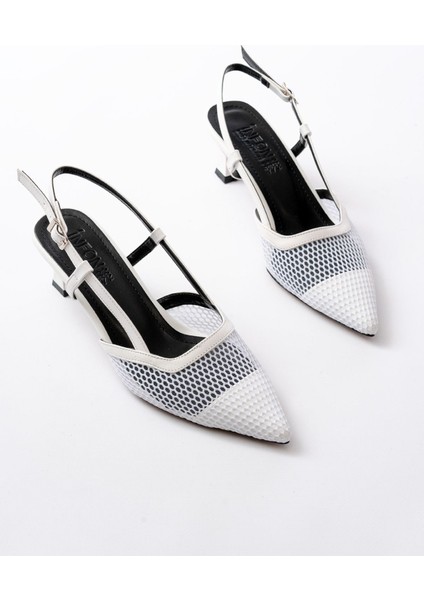 K-607 Beyaz Günlük Fileli Arkası Açık 7 cm Topuklu Bayan Ayakkabı modelleri