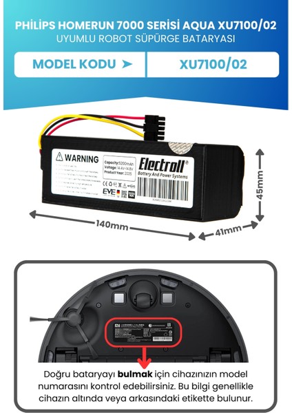 Philips Homerun 7000 Serisi Aqua XU7100/02 Batarya (Orjinal Kapasite) 5200MAH Robot Süpürge Pili fiyatları