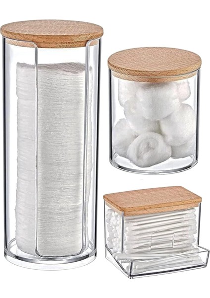 Ahşap Kapaklı 3'lü Organizer Set, Modern Pamukluk Düzenleyici Şık 3'lü Pamukluk Set - Şık ve Fonksiyonel Ahşap Kapaklı 3'lü Organizer Set - Mutfak ve Banyonuzu Düzenleyin!